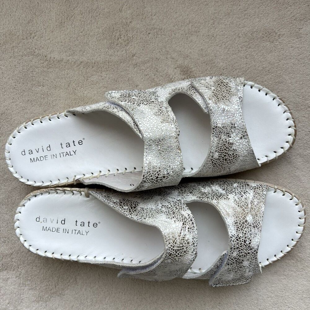 David Tate White w/ Crackle Bronze Leather Wedge Heel Slide Sandals‎ Women 10 N - Picture 6 of 16